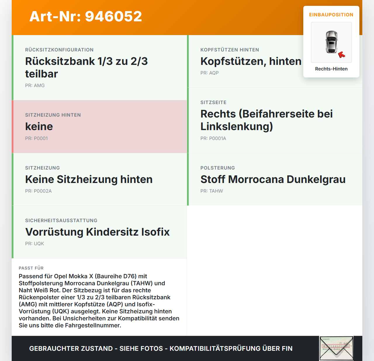 Opel Mokka X 12-19 Sitzbezug Rückenpolster Rechts für Rücksitzbank Hinten Naht Weiß Rot Opel Mokka X 12-19... Vorschau 3