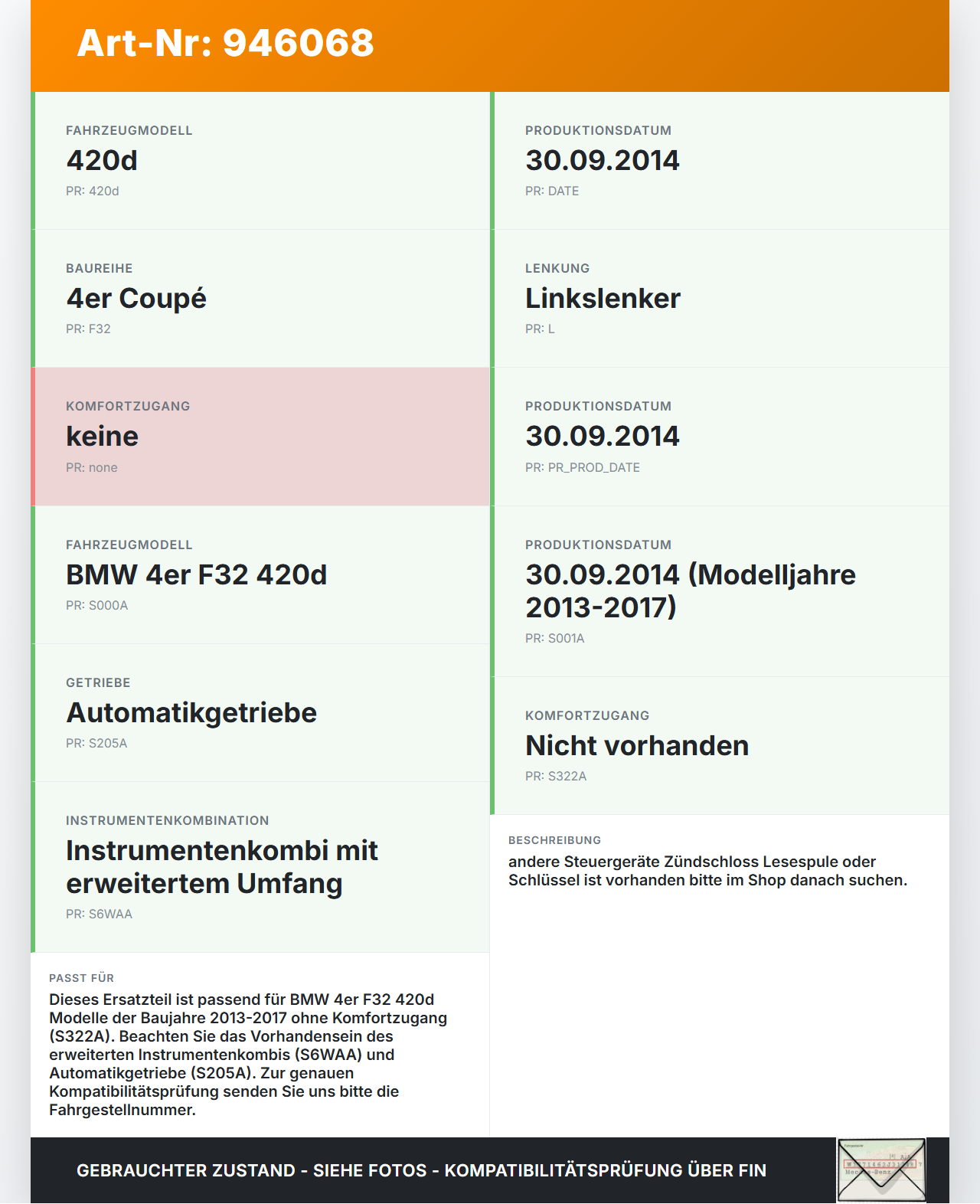 BMW F32 420d 13-17 Lesespule BMW F32 420d 13-17 29.04.2014 9311353 61319311353 gebraucht Vorschau 3