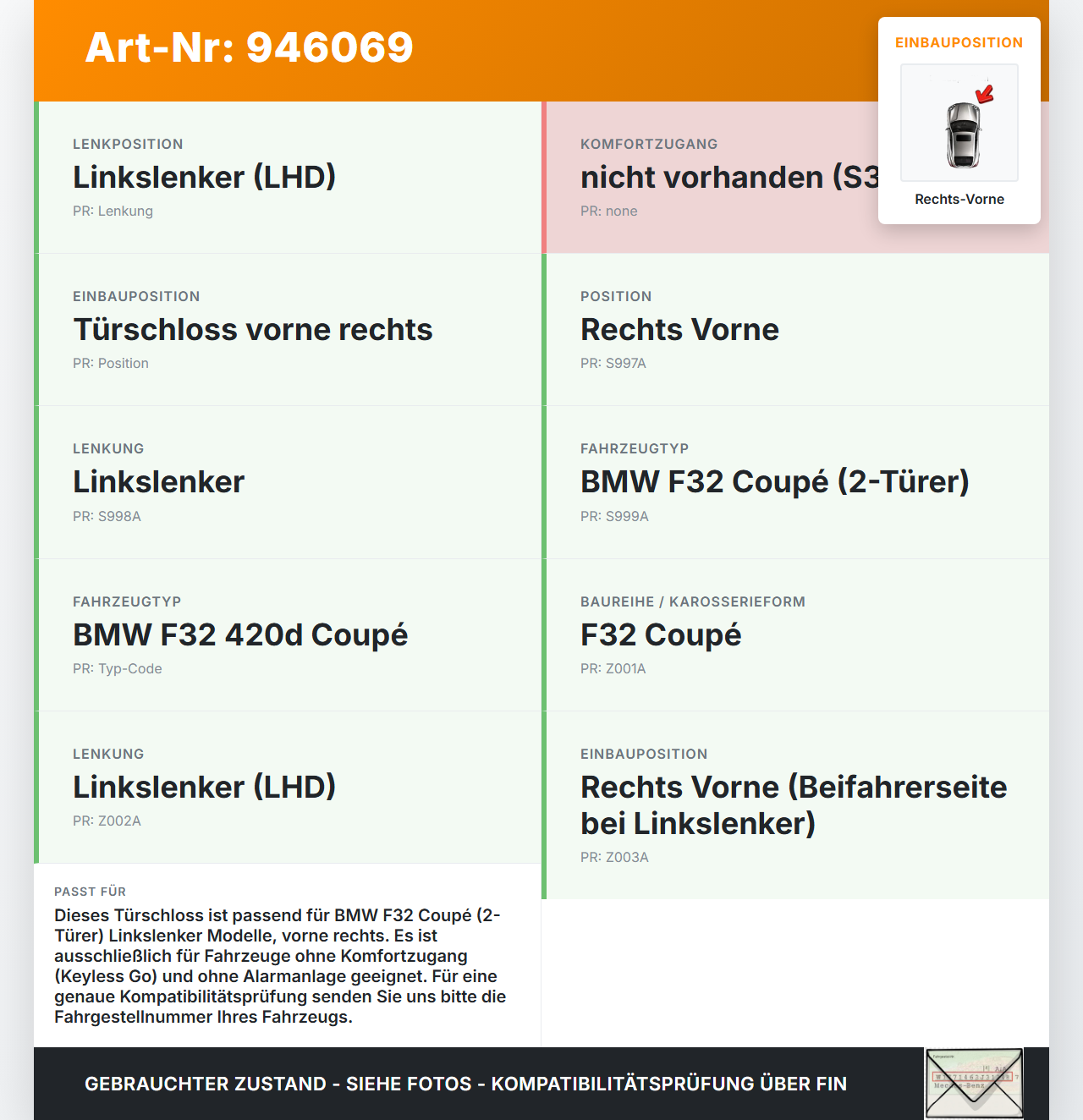 BMW F32 420d 13-17 Coupe Türschloss m. ZV Stellmotor Rechts Vorne BMW F32 420d 13-17 29.04.2014 51217229458 7229458... Vorschau 3