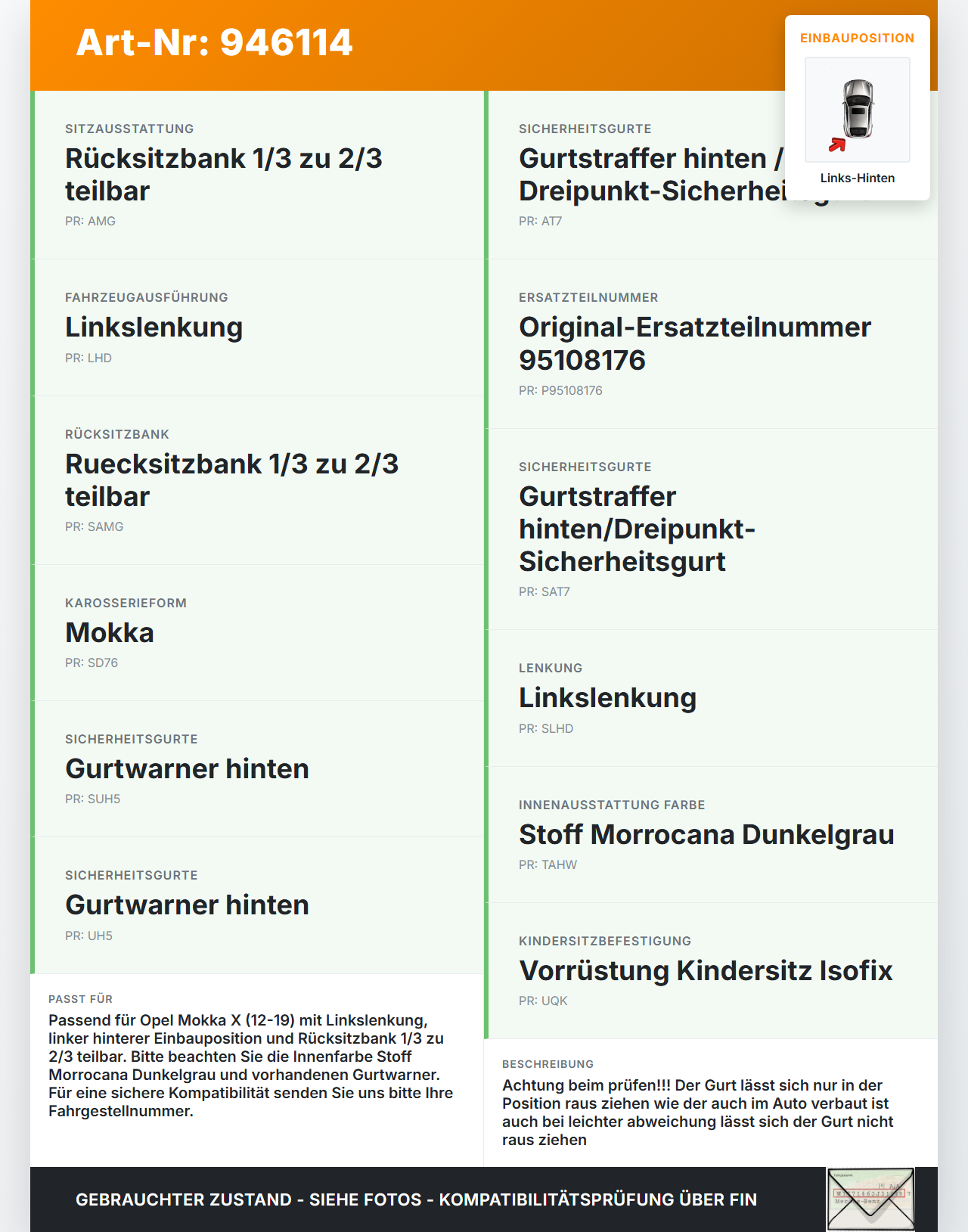 Opel Mokka X 12-19 Gurt Sicherheitsgurt Links Hinten Opel Mokka X 12-19 01.03.2013 95108176 gebraucht Vorschau 3