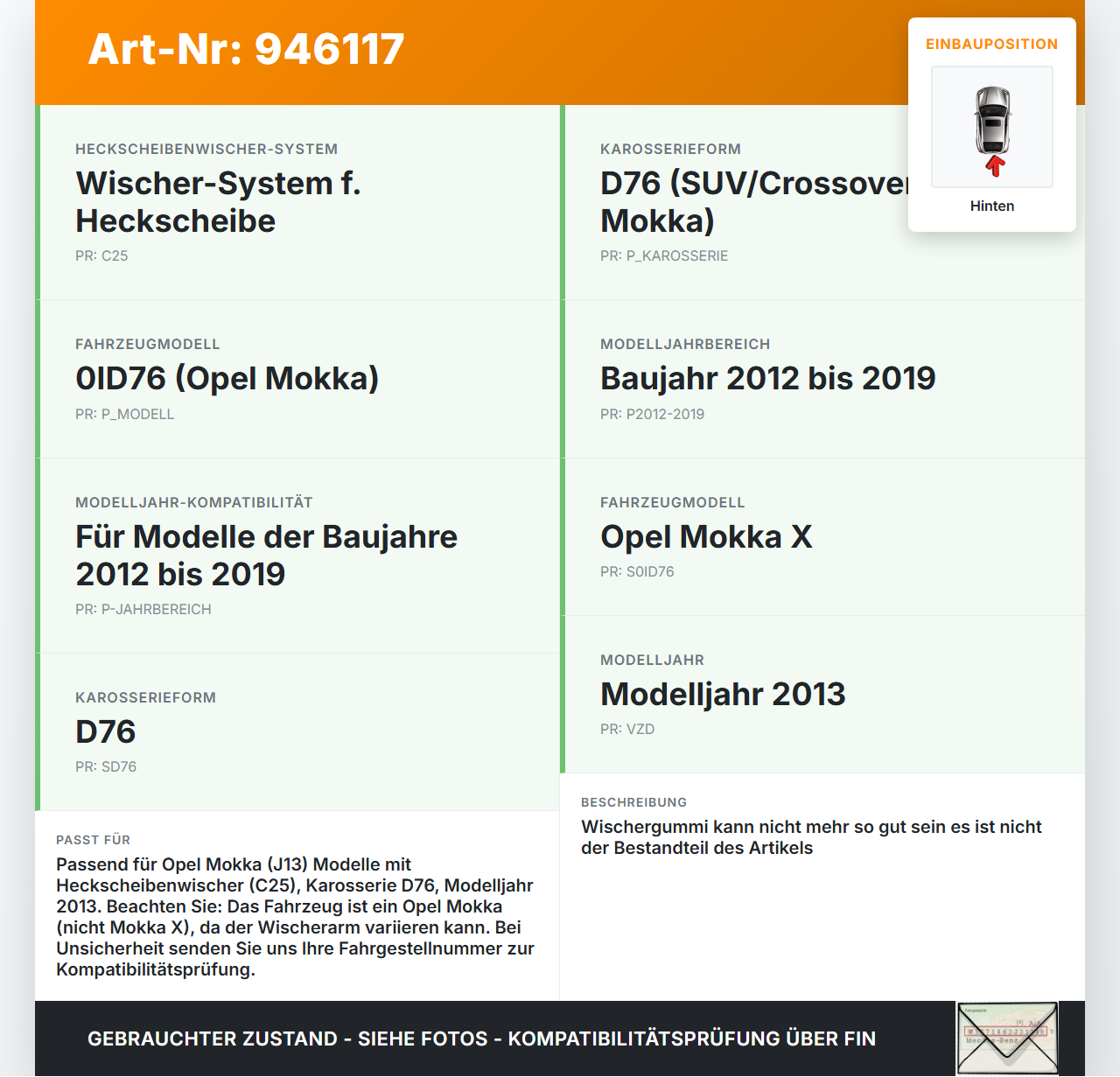 Opel Mokka X 12-19 Heckwischer Scheibenwischer Hinten Wischarm Opel Mokka X 12-19 01.03.2013 gebraucht Vorschau 3