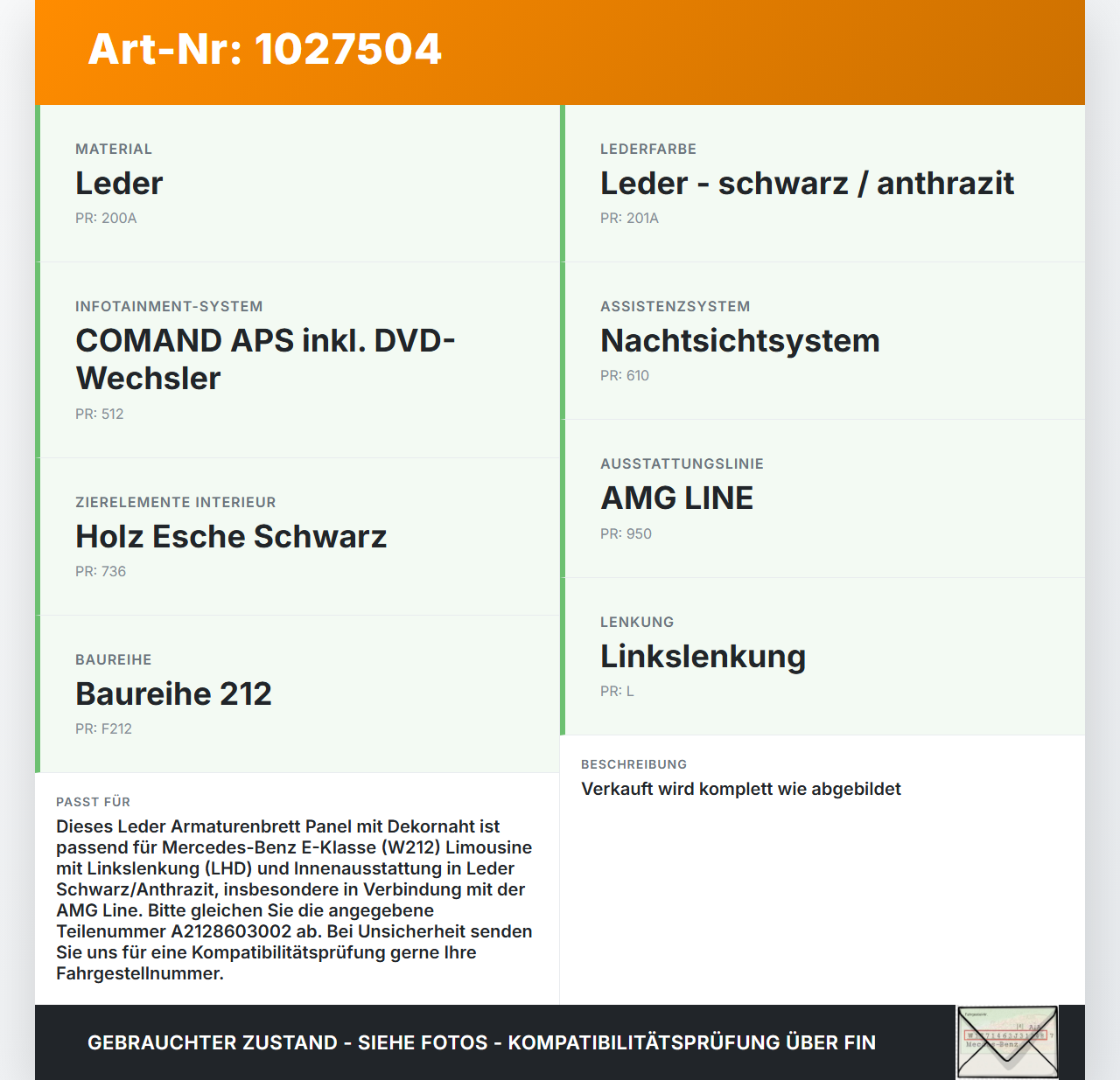 Mercedes E500 W212 09-13 Leder Armaturenbrett Panel Dekornaht Mercedes E500 W212 09-13 06.12.2011 A2128603002... Vorschau 3