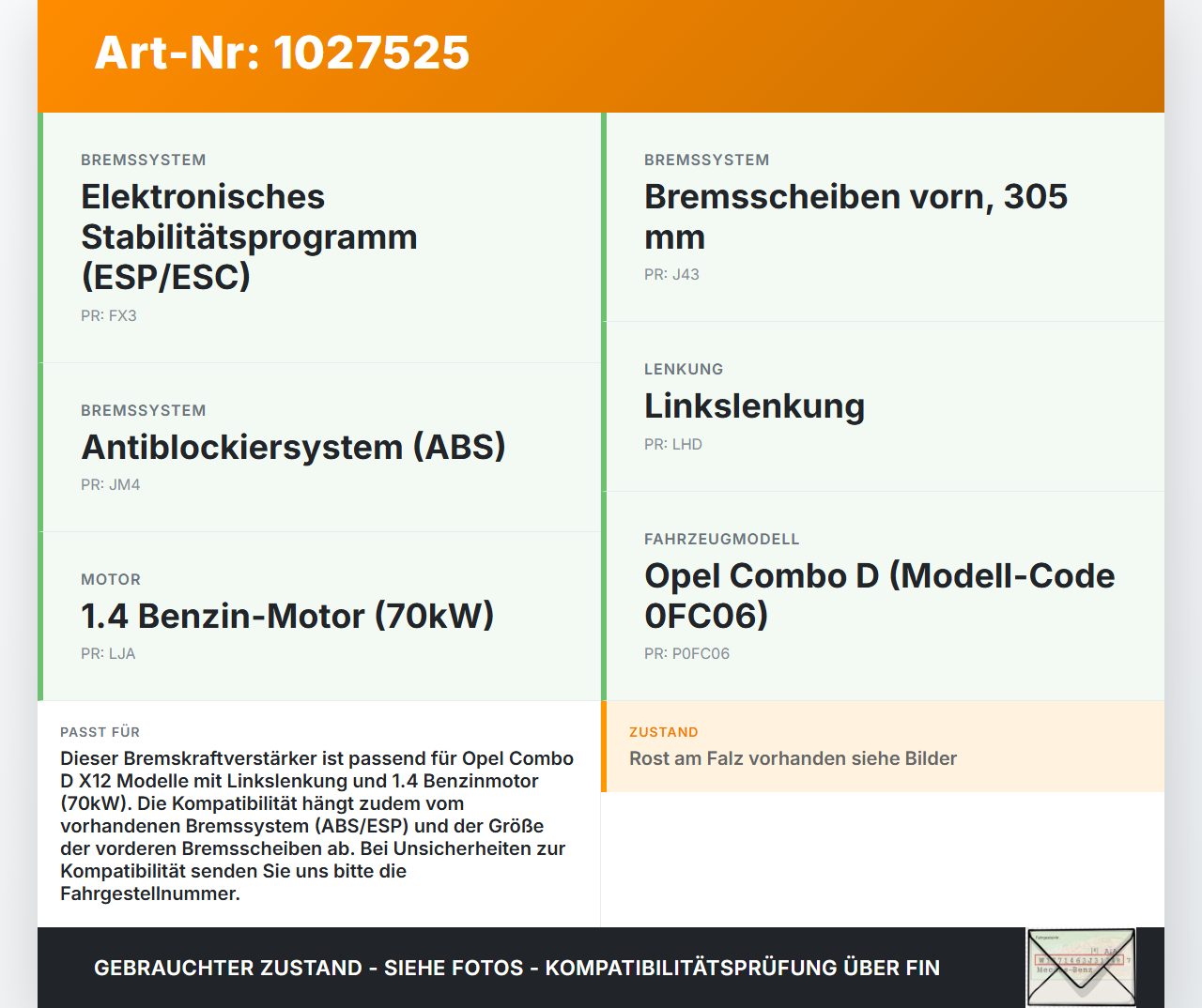 Opel Combo D X12 11-18 1,4 70KW Bremskraftverstärker Opel Combo D X12 11-18 09.04.2018 52087502 0204J00881... Vorschau 3