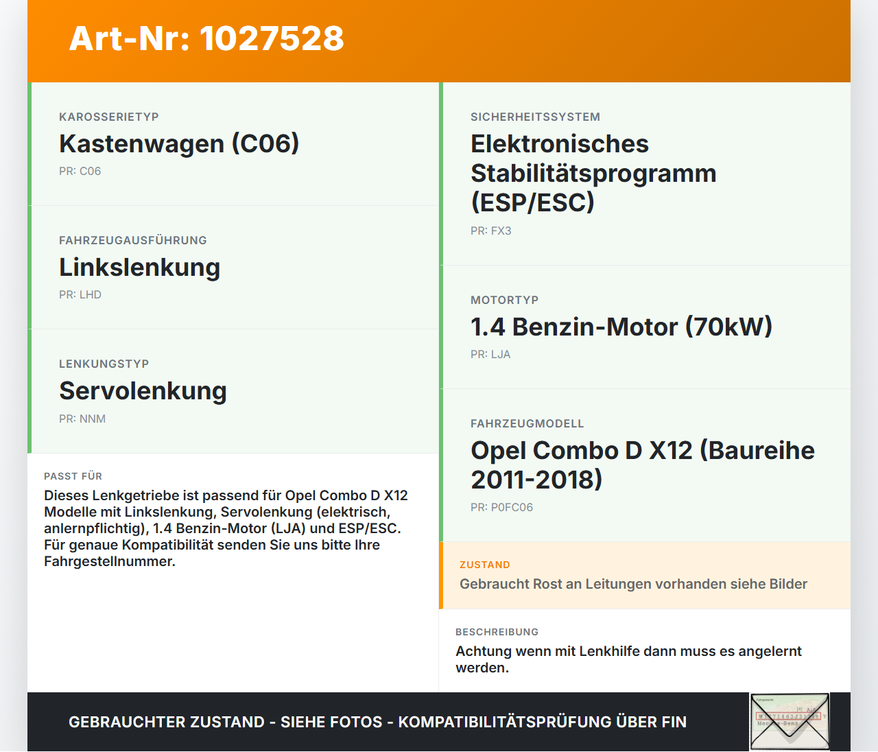 Opel Combo D X12 11-18 Lenkgetriebe Servolenkung Opel Combo D X12 11-18 09.04.2018 gebraucht Vorschau 3