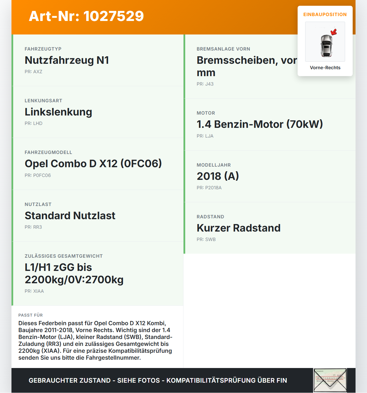 Opel Combo D X12 11-18 Kombi Stossdämpfer Federbein Vorne Rechts Opel Combo D X12 11-18 09.04.2018 gebraucht Vorschau 3