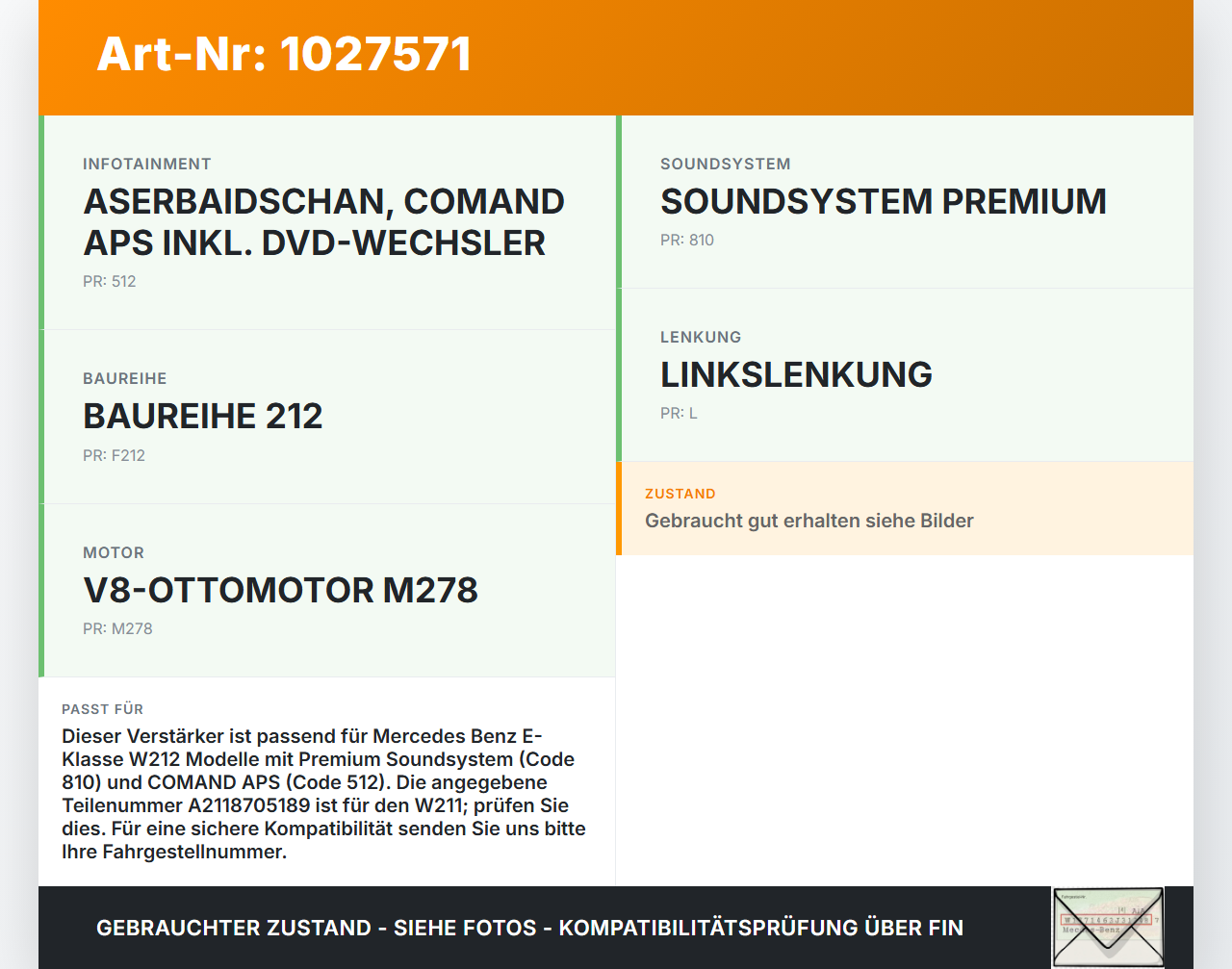 Mercedes E500 W212 09-13 Verstärker Endstufe Soundsystem Mercedes E500 W212 09-13 06.12.2011 A2118705189 gebraucht Vorschau 3