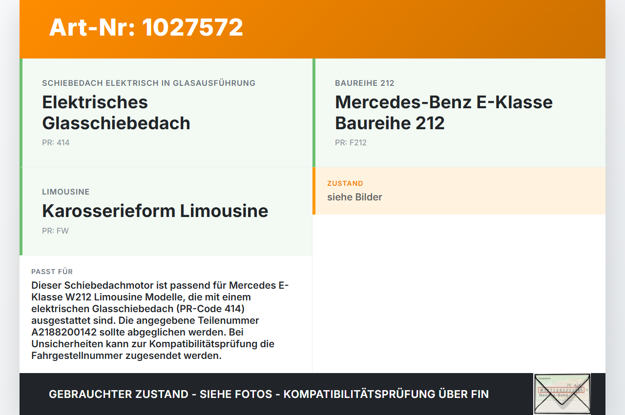 Mercedes E500 W212 09-13 Schiebedachmotor Mercedes E500 W212 09-13 06.12.2011 A2188200142 551.696510_02 gebraucht Vorschau 3