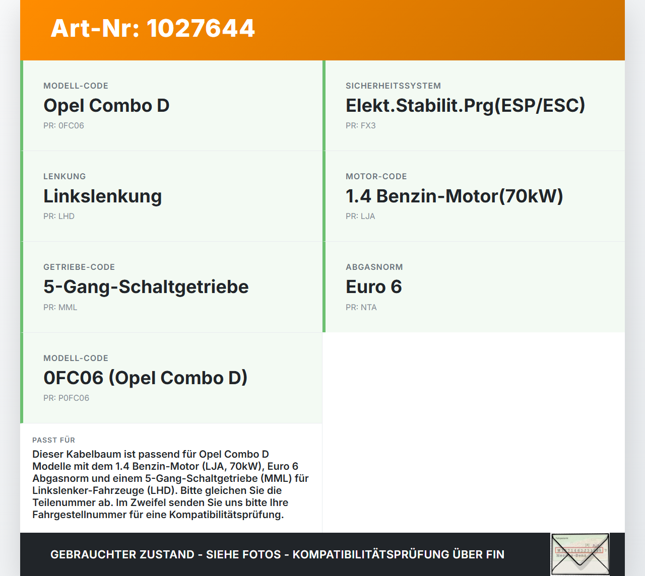 Opel Combo D X12 11-18 Kombi Kabelbaum für Motor Einspritzung Opel Combo D X12 11-18 09.04.2018 1284477615 gebraucht Vorschau 3