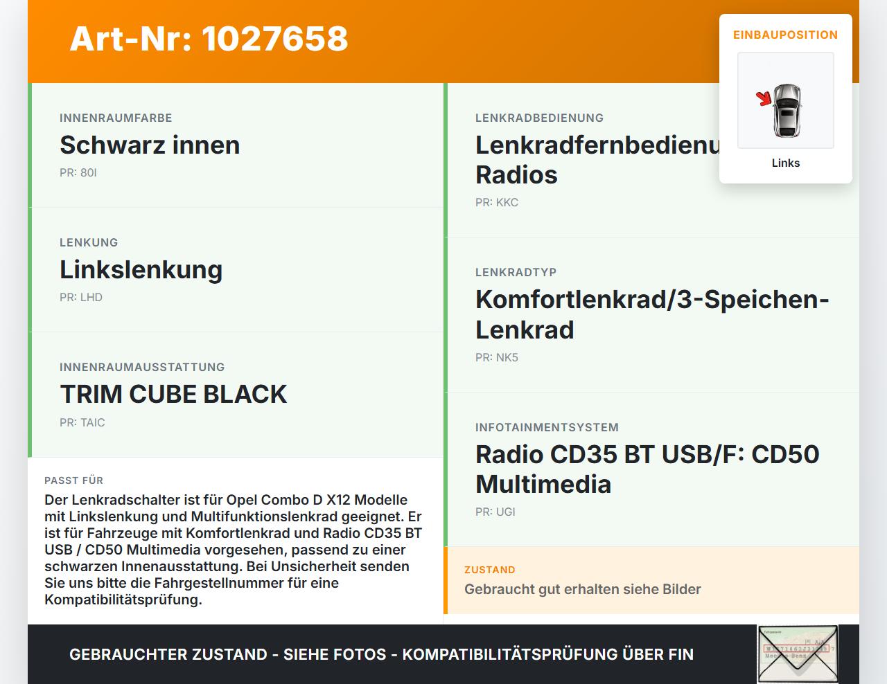 Opel Combo D X12 11-18 Lenkradschalter Multifunktionstasten Schalter für Lenkrad Links Opel Combo D X12 11-18... Vorschau 3