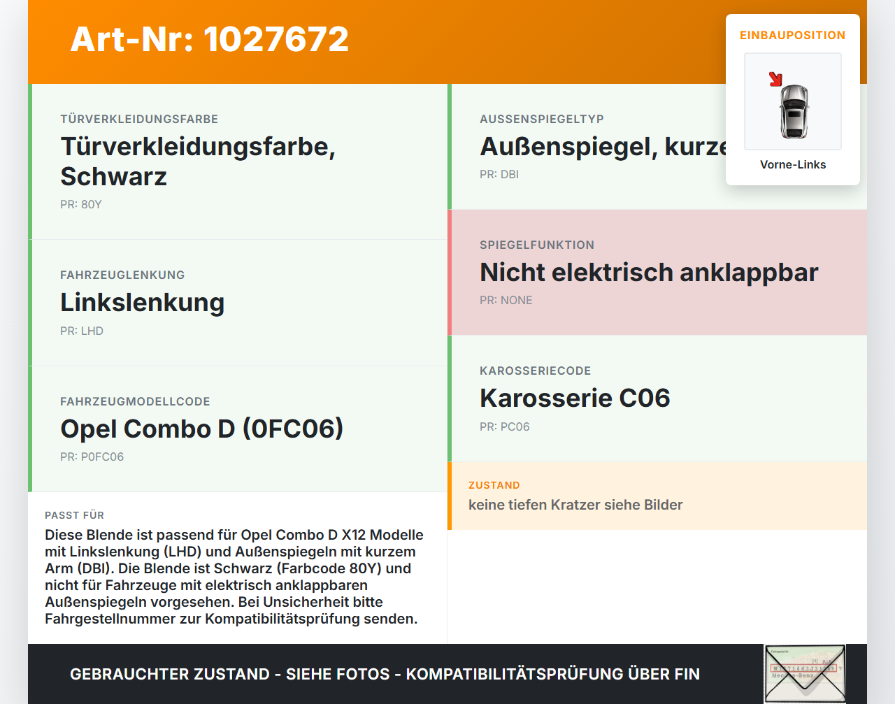 Opel Combo D X12 11-18 Kombi Blende Spiegeldreieck Tür Vorne Links Schwarz Opel Combo D X12 11-18 09.04.2018 gebraucht Vorschau 3