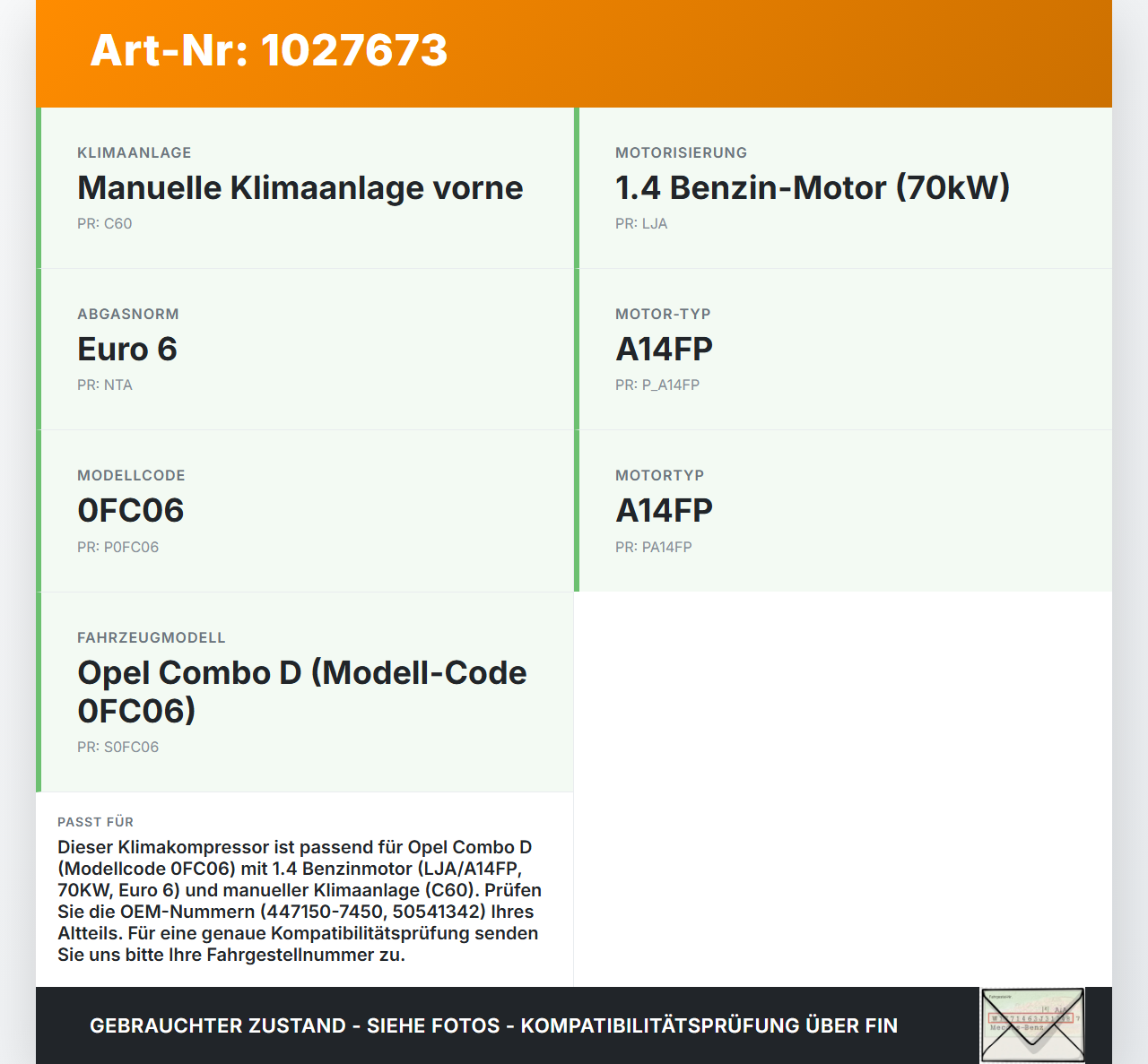 Opel Combo D X12 11-18 1,4 70KW Klimakompressor Klima Kompressor Denso Opel Combo D X12 11-18 09.04.2018... Vorschau 3