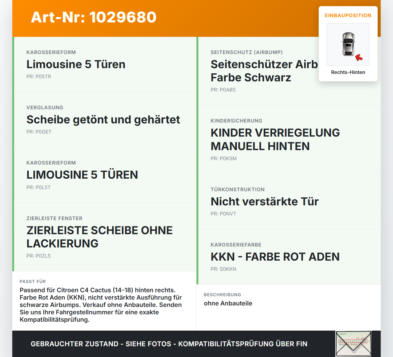 Citroen C4 Cactus 14-18 Tür Rechts Hinten KKN Citroen C4 Cactus 14-18 01.01.2015 9801070080 gebraucht Vorschau 3