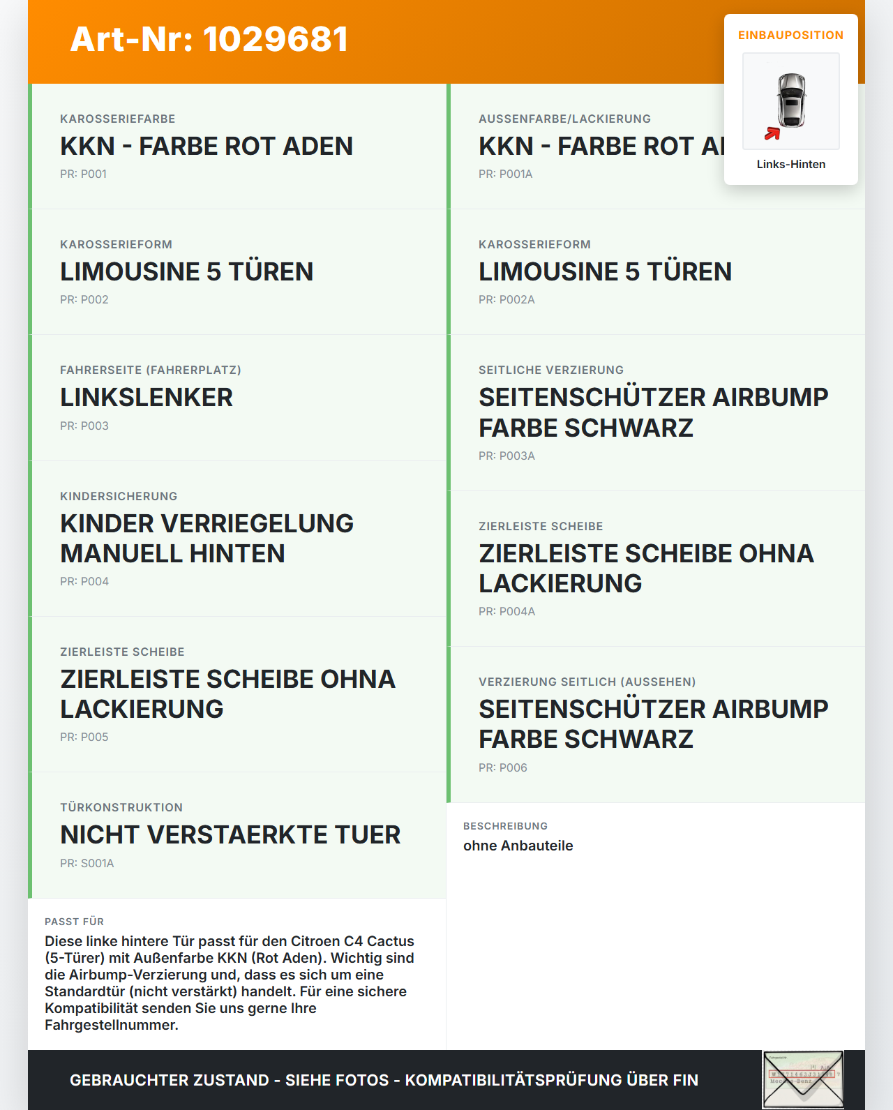 Citroen C4 Cactus 14-18 Tür Links Hinten KKN Citroen C4 Cactus 14-18 01.01.2015 9801219180 gebraucht Vorschau 3