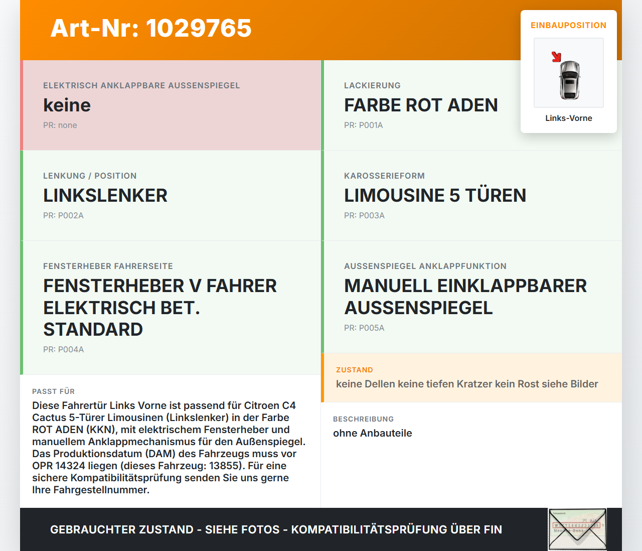 Citroen C4 Cactus 14-18 Tür Fahrertür Links Vorne KKN Citroen C4 Cactus 14-18 01.01.2015 9801012980 gebraucht Vorschau 3