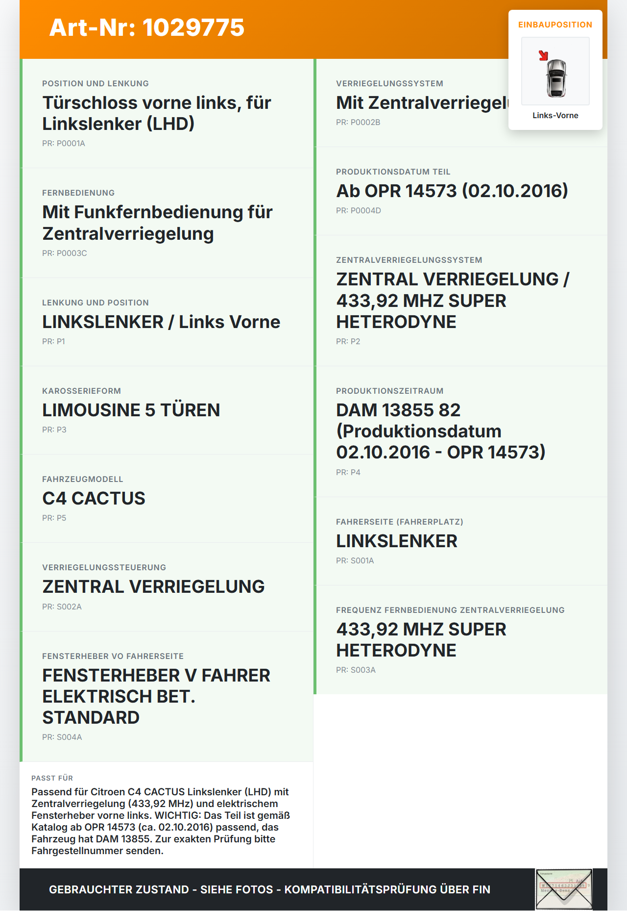 Citroen C4 Cactus 14-18 Türschloss mit ZV Stellmotor Links Vorne Citroen C4 Cactus 14-18 01.01.2015 9801690080 gebraucht Vorschau 3