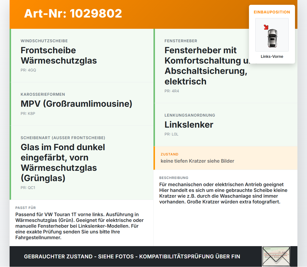 VW Touran 1T 03-06 Seitenscheibe LVK Fenster Türscheibe Links Vorne VW Touran 1T 03-06 16.04.2009 1T0845201D gebraucht Vorschau 3