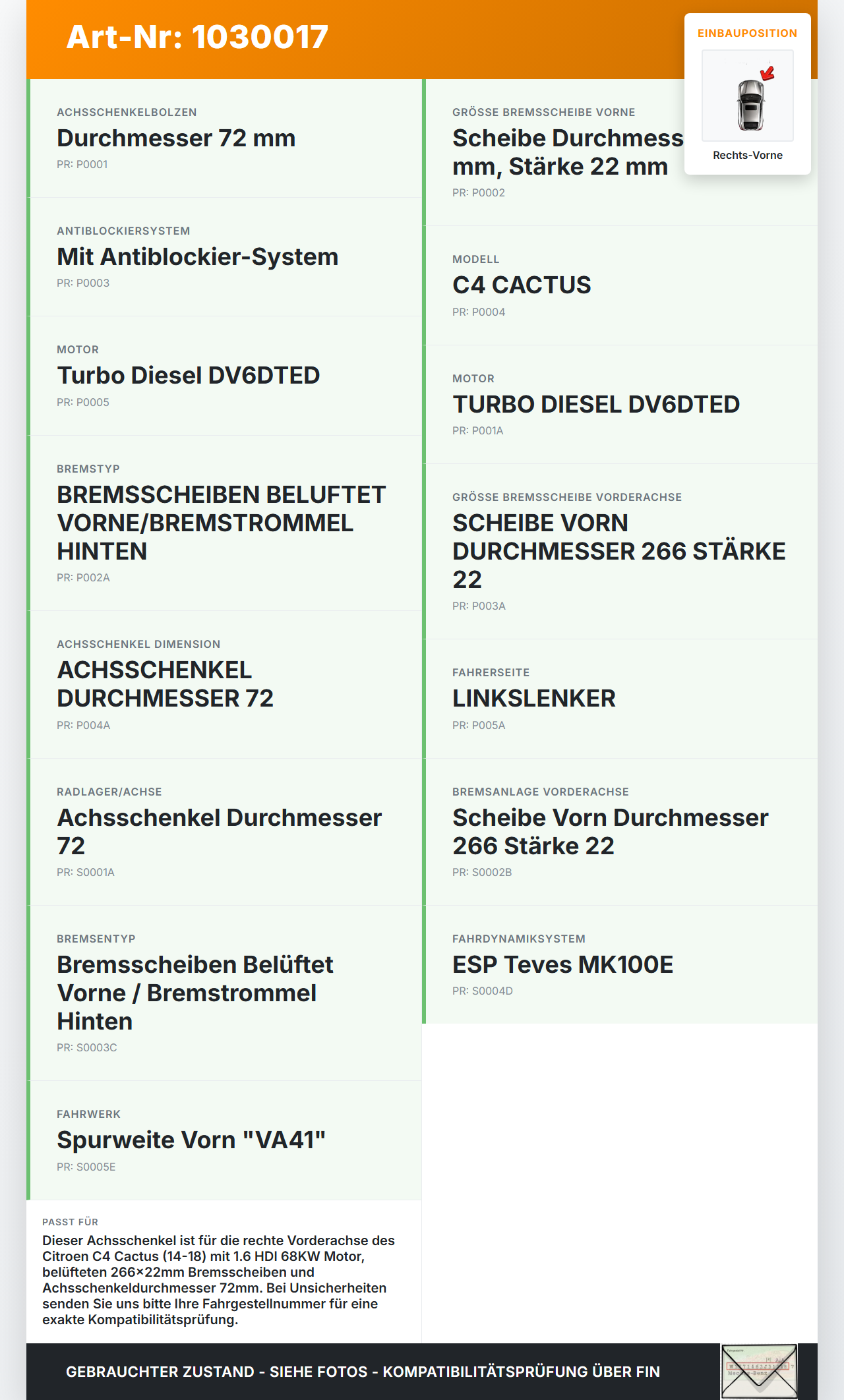 Citroen C4 Cactus 14-18 HDI 1,6 68KW Achsschenkel Radnabe Rechts Vorne Citroen C4 Cactus 14-18 01.01.2015... Vorschau 3