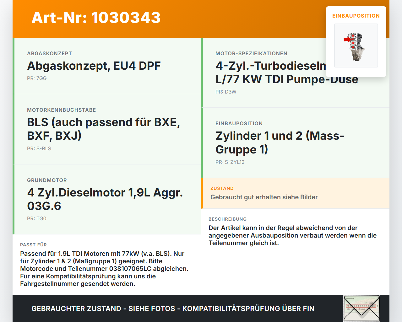 VW Touran 1T 03-06 TDI 1,9 77KW BLS Kolben mit Pleuel Pos C VW Touran 1T 03-06 16.04.2009 038107065LC gebraucht Vorschau 3