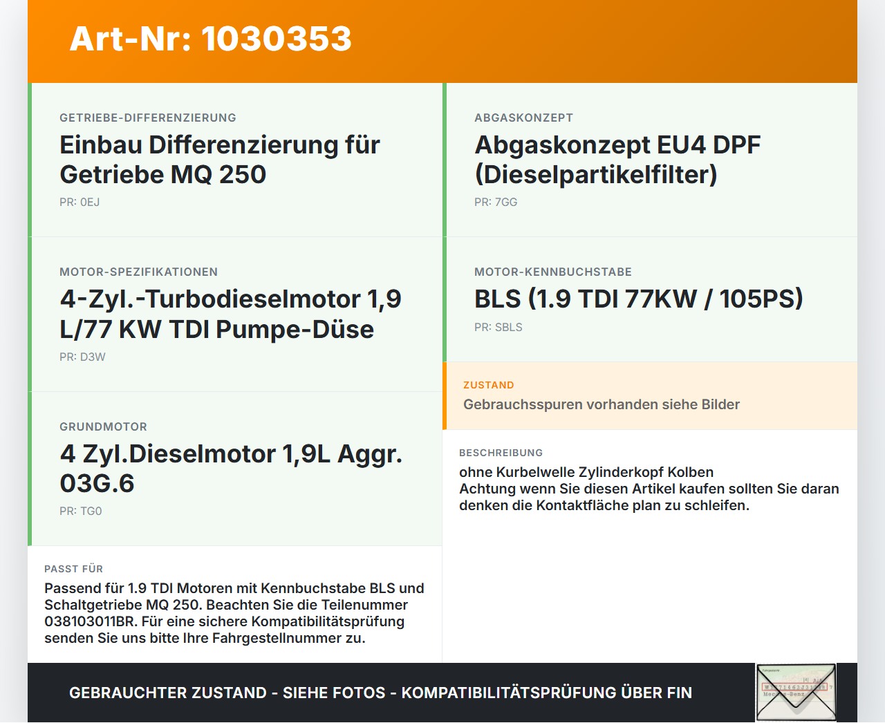 VW Touran 1T 03-06 TDI 1,9 77KW BLS Motorblock für Motor VW Touran 1T 03-06 16.04.2009 038103011BR gebraucht Vorschau 3