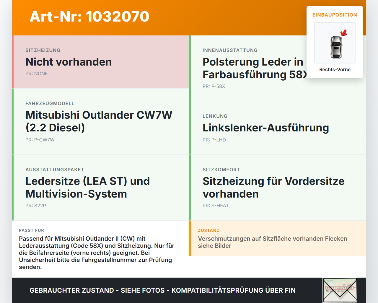 Mitsubishi Outlander CW II 07-10 Sitzpolster für Beifahrersitz Rechts Vorne beheizt Mitsubishi Outlander CW II... Vorschau 3