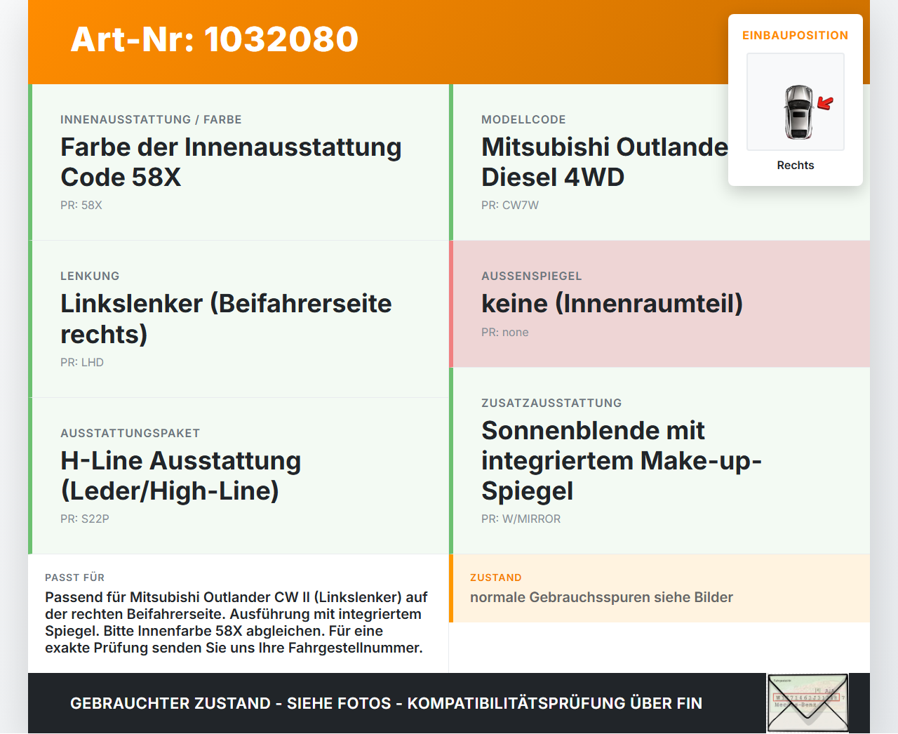 Mitsubishi Outlander CW II 07-10 Sonnenblende Rechts für Beifahrer Mitsubishi Outlander CW II 07-10 01.04.2008... Vorschau 3