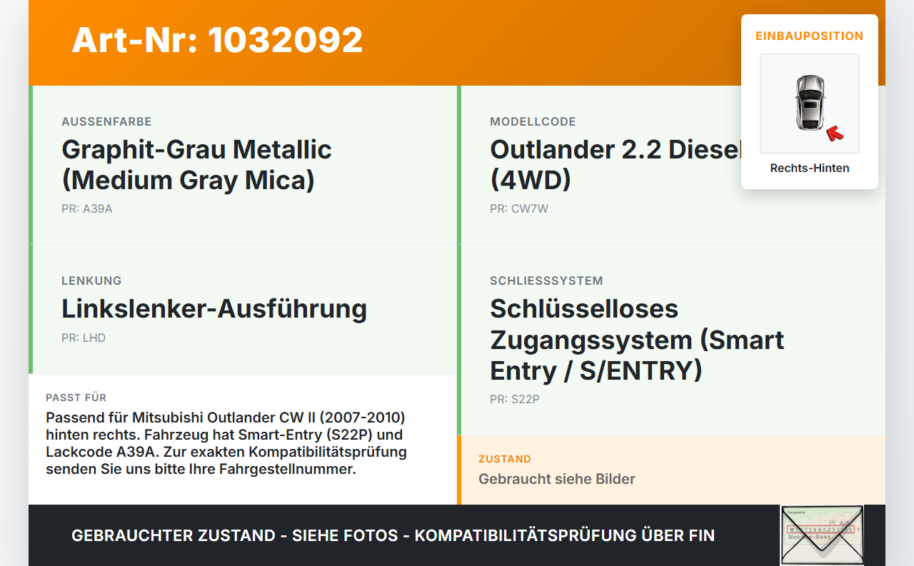 Mitsubishi Outlander CW II 07-10 Türgriff Griff aussen Rechts Hinten A39A Mitsubishi Outlander CW II 07-10... Vorschau 3