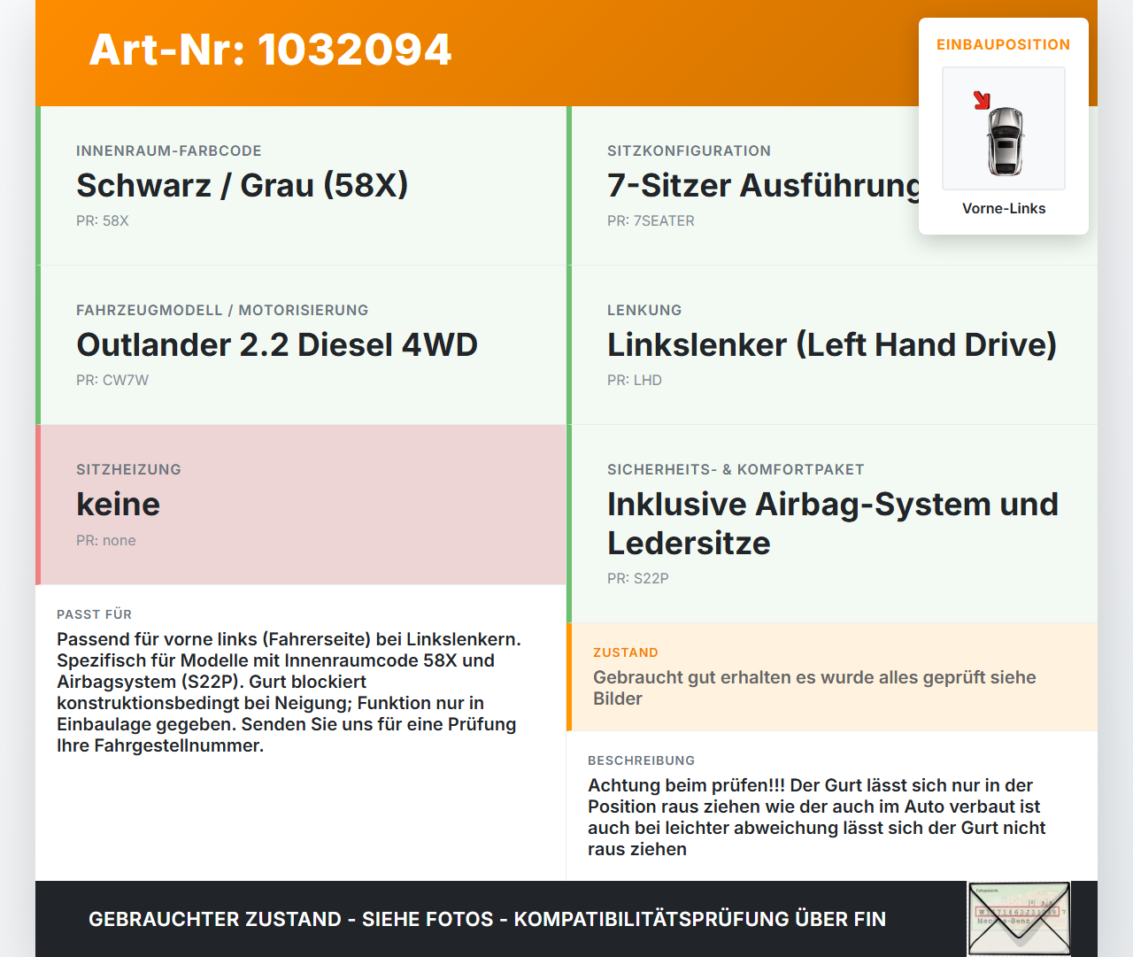 Mitsubishi Outlander CW II 07-10 Sicherheitsgurt Gurt Gurtstraffer Vorne Links Mitsubishi Outlander CW II 07-10... Vorschau 3