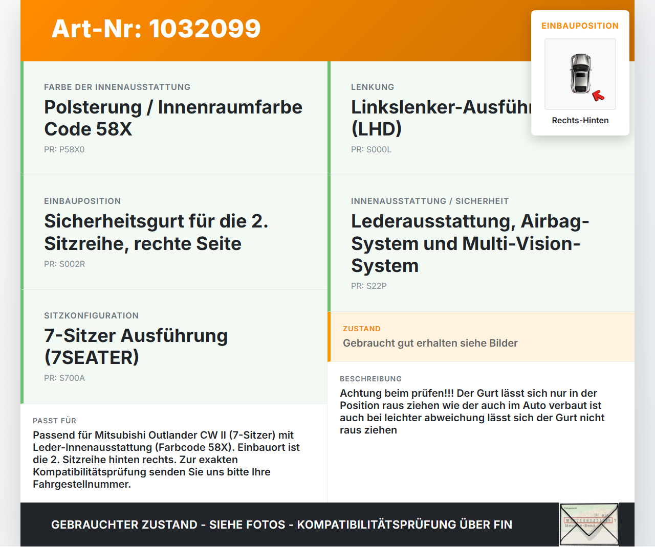 Mitsubishi Outlander CW II 07-10 Gurt Sicherheitsgurt Rechts Hinten Mitsubishi Outlander CW II 07-10 01.04.2008... Vorschau 3