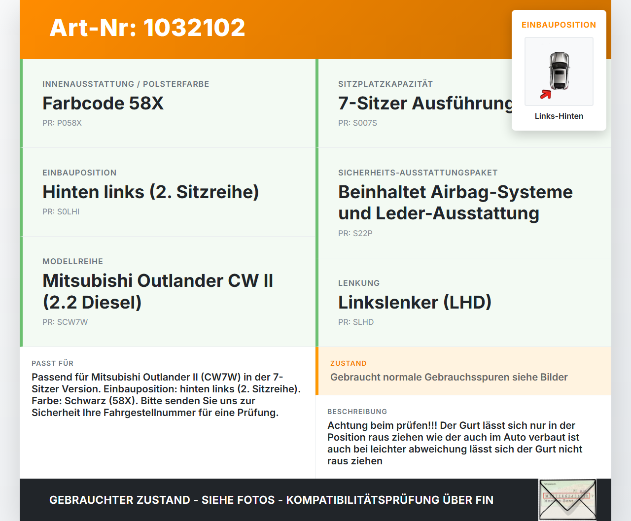 Mitsubishi Outlander CW II 07-10 Gurt Sicherheitsgurt Links Hinten Mitsubishi Outlander CW II 07-10 01.04.2008... Vorschau 3