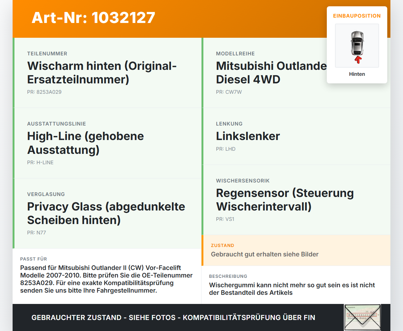 Mitsubishi Outlander CW II 07-10 Heckwischer Scheibenwischer Hinten Wischarm Mitsubishi Outlander CW II 07-10... Vorschau 3