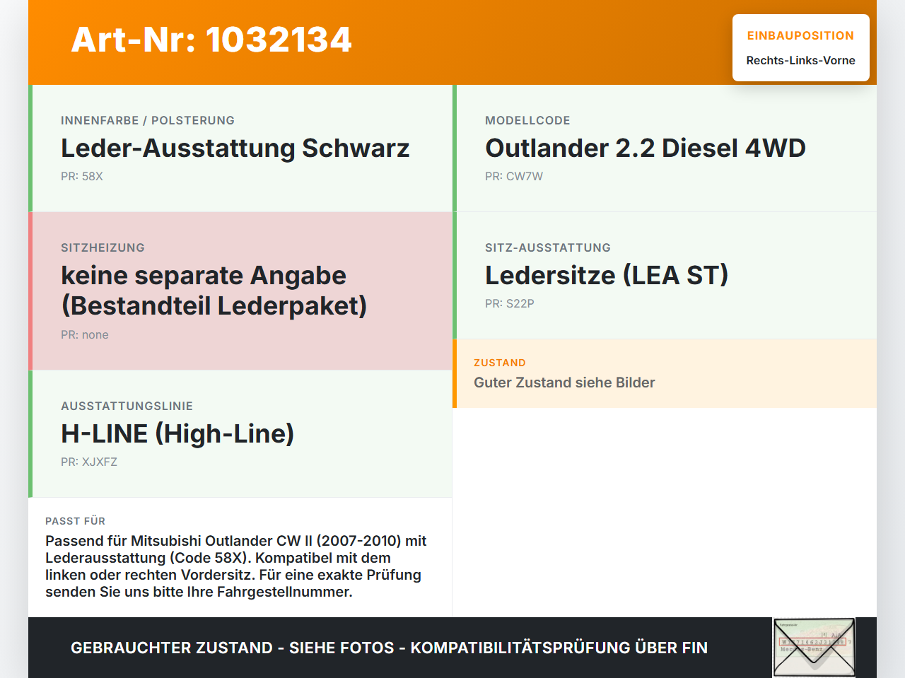Mitsubishi Outlander CW II 07-10 Kopfstütze für Fahrer Sitz Rechts oder Links Vorne Mitsubishi Outlander CW II... Vorschau 3