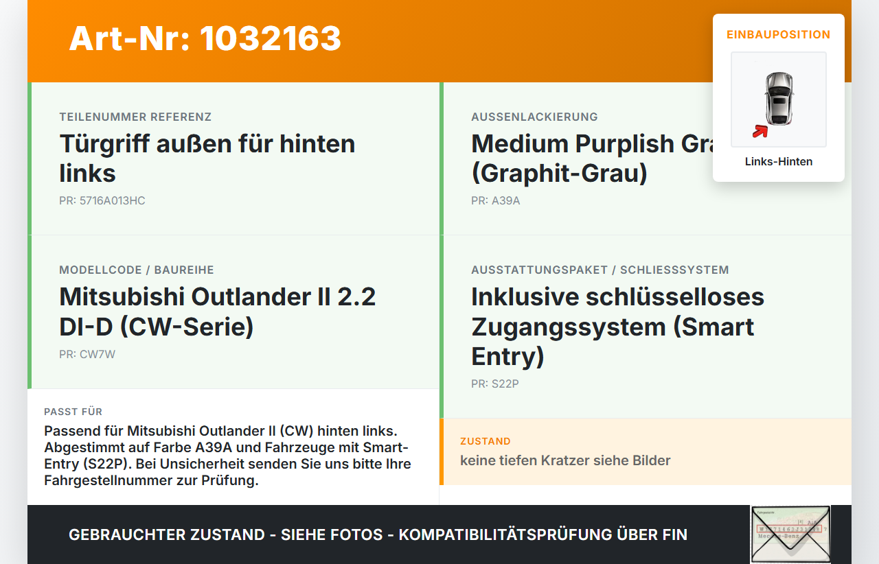 Mitsubishi Outlander CW II 07-10 Türgriff Griff aussen Links Hinten A39A Mitsubishi Outlander CW II 07-10... Vorschau 3