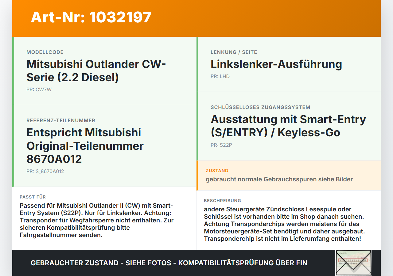 Mitsubishi Outlander CW II 07-10 Schlosssatz Zündschloss Türschloss 2x Schlüssel Mitsubishi Outlander CW II 07-10... Vorschau 3
