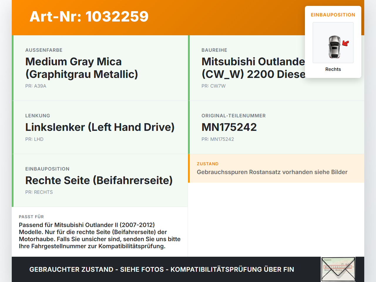 Mitsubishi Outlander CW II 07-10 Scharnier für Motorhaube Motorhaubenscharnier Rechts Mitsubishi Outlander CW II... Vorschau 3