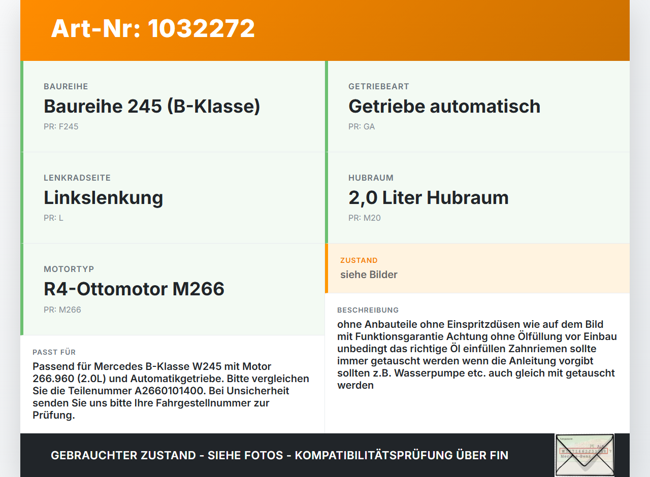 Mercedes W245 B200 05-08 2,0 100KW M266 Motor 266.960 Mercedes W245 B200 05-08 27.09.2007 A2660101400 gebraucht Vorschau 3
