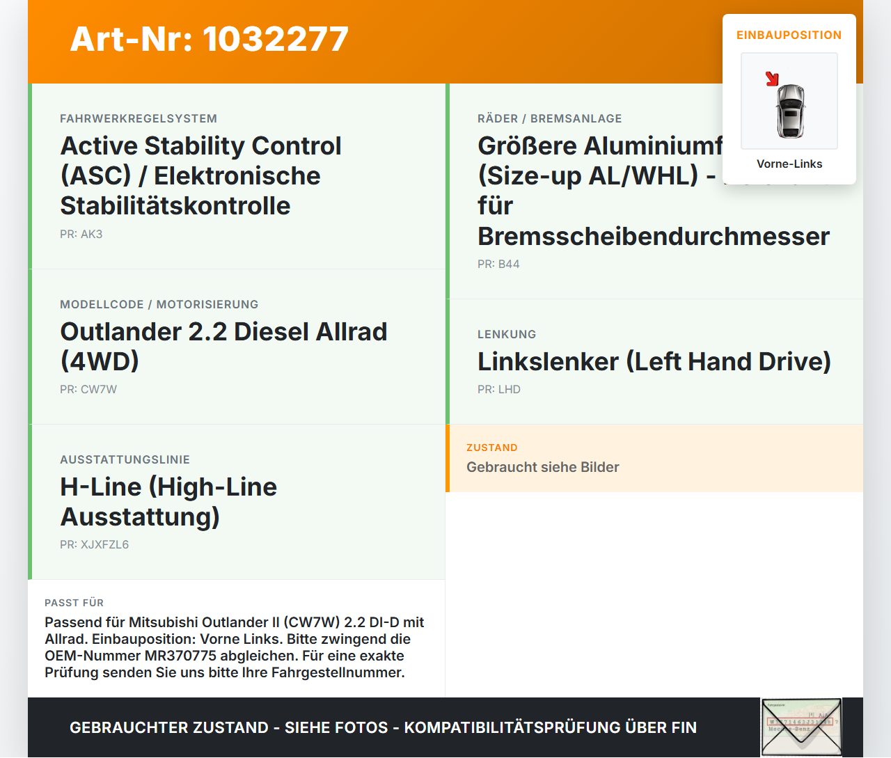 Mitsubishi Outlander CW II 07-10 DI-D 2,2 115KW Bremssattel Bremszange Vorne Links Mitsubishi Outlander CW II 07-10... Vorschau 3
