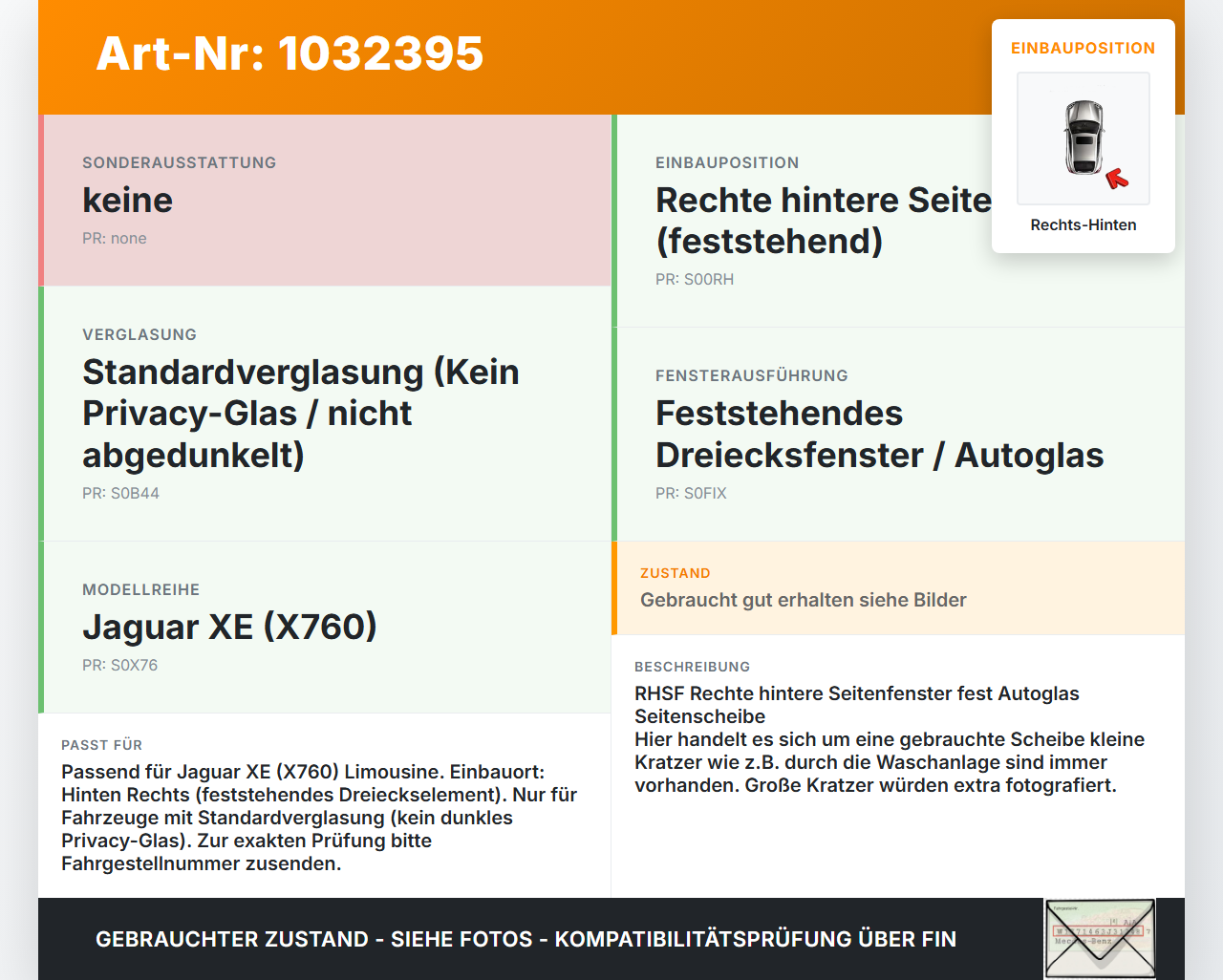 Jaguar XE X760 15-19 Lim Seitenscheibe Fest Dreiecksfenster Rechts Hinten Jaguar XE X760 15-19 26.08.2018 T4N3104... Vorschau 3