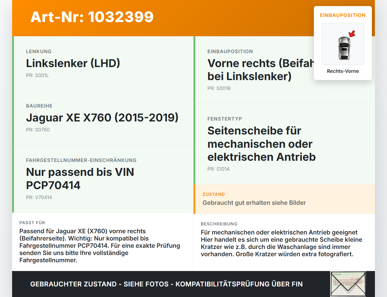 Jaguar XE X760 15-19 Lim Seitenscheibe RVK Türscheibe Rechts Vorne Jaguar XE X760 15-19 26.08.2018 T4N3102 gebraucht Vorschau 3