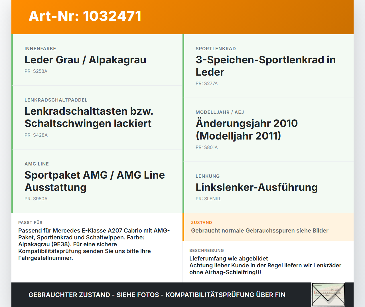 Mercedes A207 E250 10-13 Lenkrad Lederlenkrad 
 Airbaglenkrad Mercedes A207 E250 10-13 31.08.2010 A2074601203... Vorschau 3