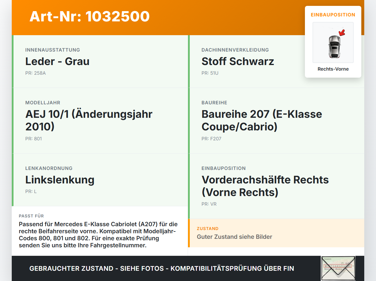 Mercedes A207 E250 10-13 Lautsprecher Hochtöner Blende Rechts Vorne Mercedes A207 E250 10-13 31.08.2010 A2048201902... Vorschau 3