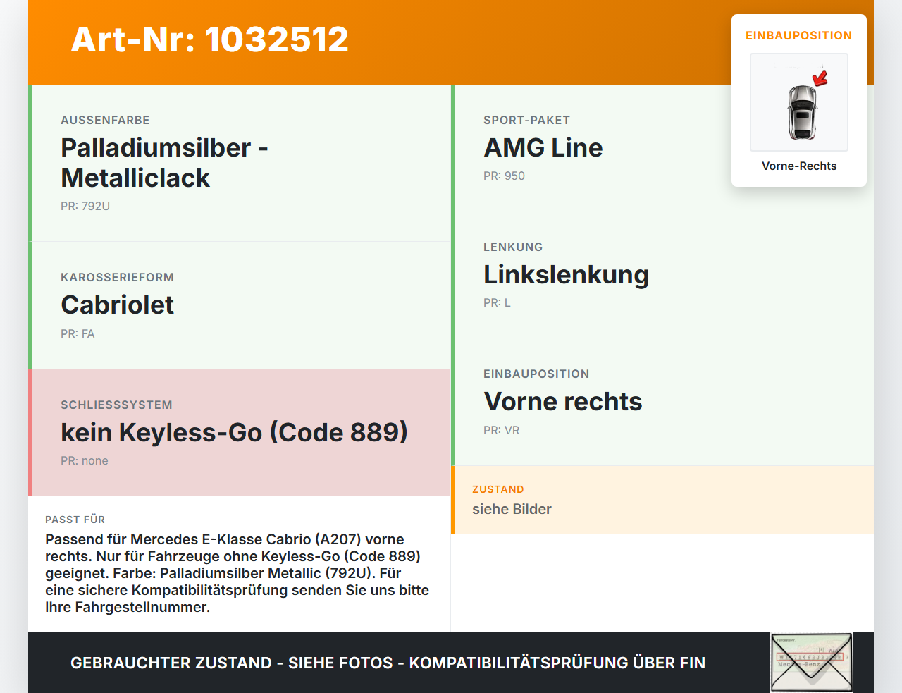 Mercedes A207 E250 10-13 Cabrio Türgriff Außengriff Griff Vorne Rechts 792U Mercedes A207 E250 10-13 31.08.2010... Vorschau 3