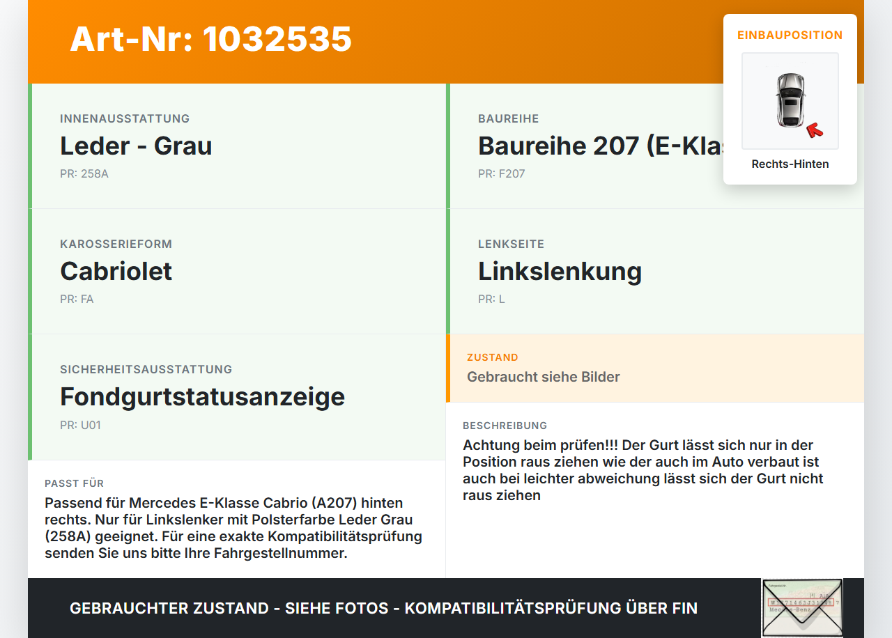 Mercedes A207 E250 10-13 Cabrio Gurtbringer Geber Rechts Hinten Mercedes A207 E250 10-13 31.08.2010 A2078600282... Vorschau 3
