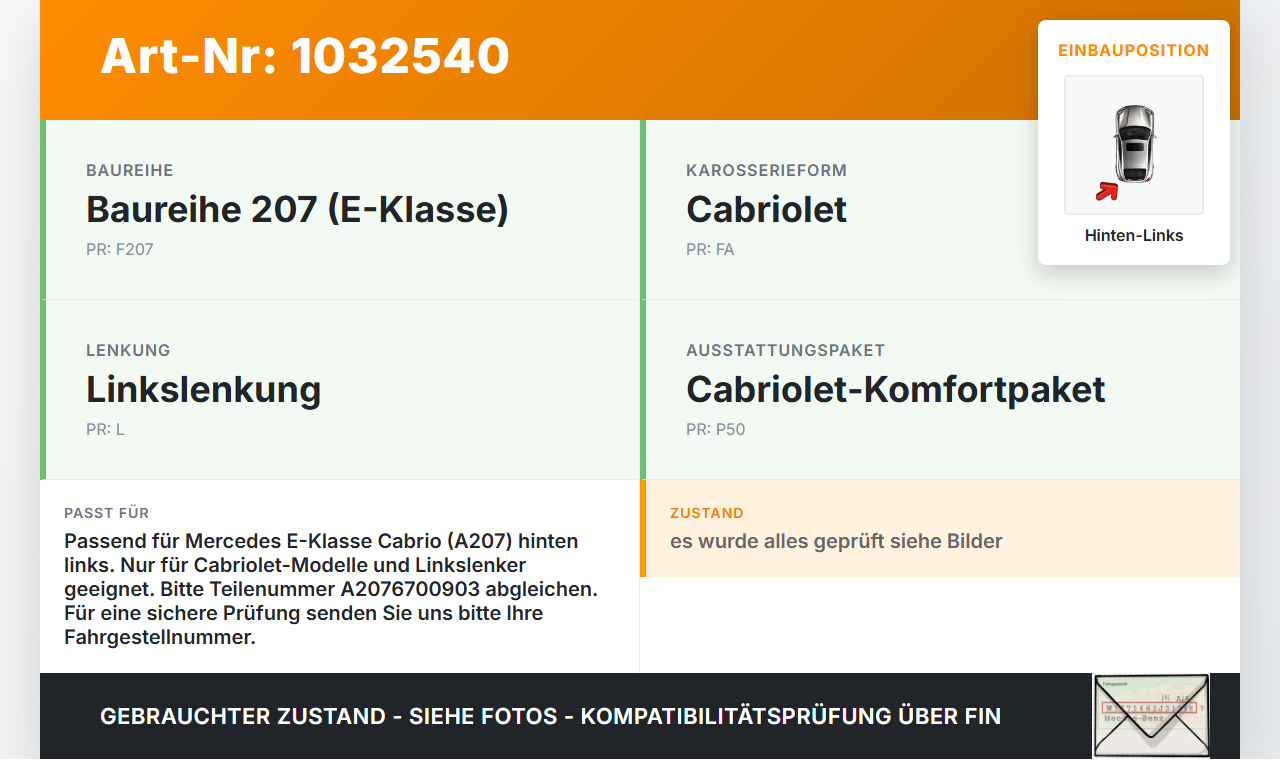 Mercedes A207 E250 10-13 Cabrio Fensterheber o. FH-Motor Hinten Links Mercedes A207 E250 10-13 31.08.2010... Vorschau 3