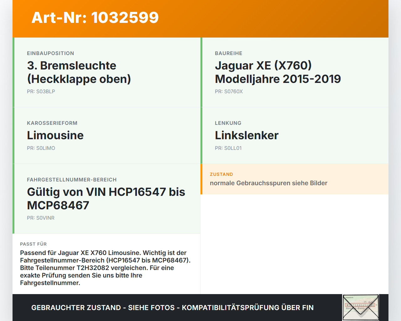 Jaguar XE X760 15-19 Lim Bremslicht 3te Bremsleuchte für Klappe Jaguar XE X760 15-19 26.08.2018 T2H32082... Vorschau 3