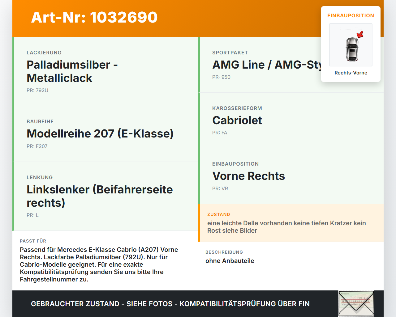 Mercedes A207 E250 10-13 Cabrio Tür Beifahrertür Rechts Vorne 792U Mercedes A207 E250 10-13 31.08.2010 A2077200405... Vorschau 3
