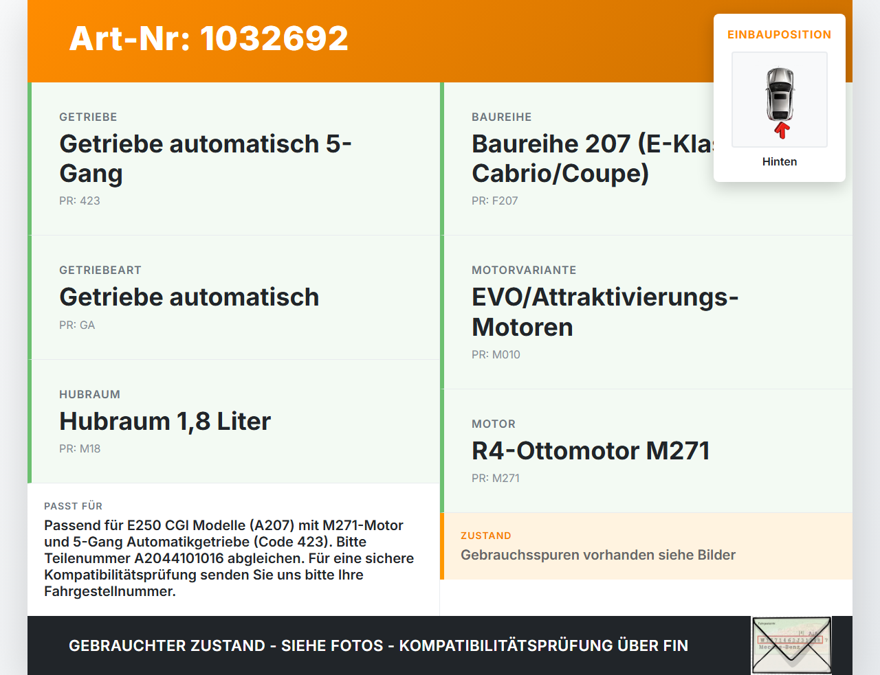Mercedes A207 E250 10-13 CGI 1,8 150KW Kardanwelle Gelenkwelle Welle Hinten Mercedes A207 E250 10-13 31.08.2010... Vorschau 3