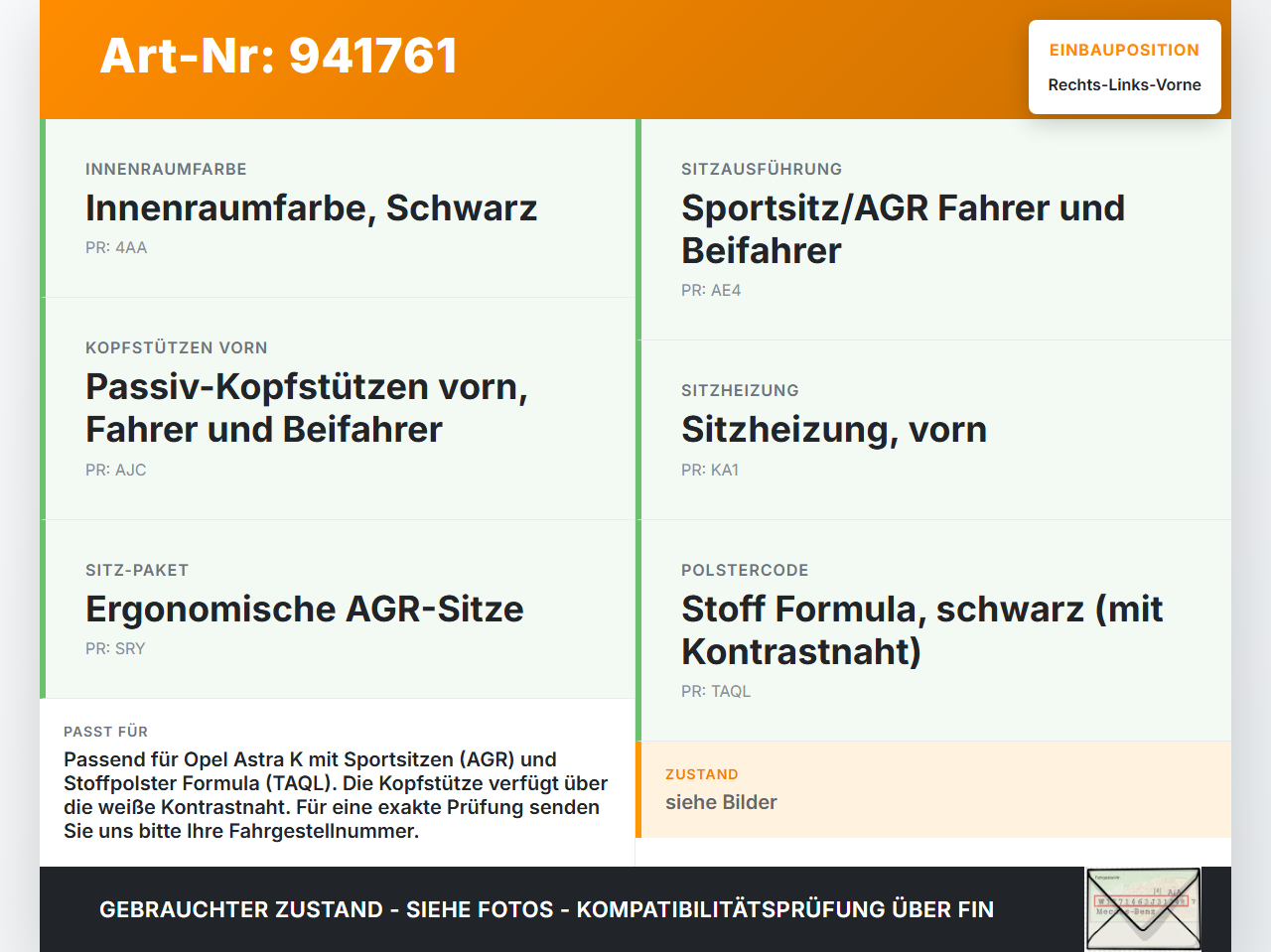 Opel Astra K 15-21 Kopfstütze für Fahrer Sitz Rechts oder Links Vorne weiße Naht Opel Astra K 15-21 04.11.2019... Vorschau 3