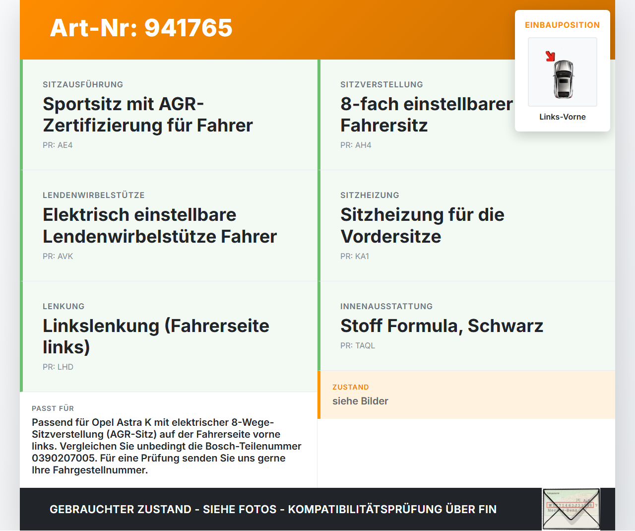 Opel Astra K 15-21 Stellmotor für Elektr. Sitzverstellung Links Vorne Opel Astra K 15-21 04.11.2019 0390207005 gebraucht Vorschau 3