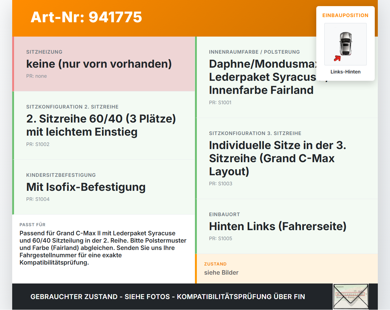 Ford Grand C-Max II 10-15 Sitz Links Hinten Ford Grand C-Max II 10-15 22.05.2012 gebraucht Vorschau 3
