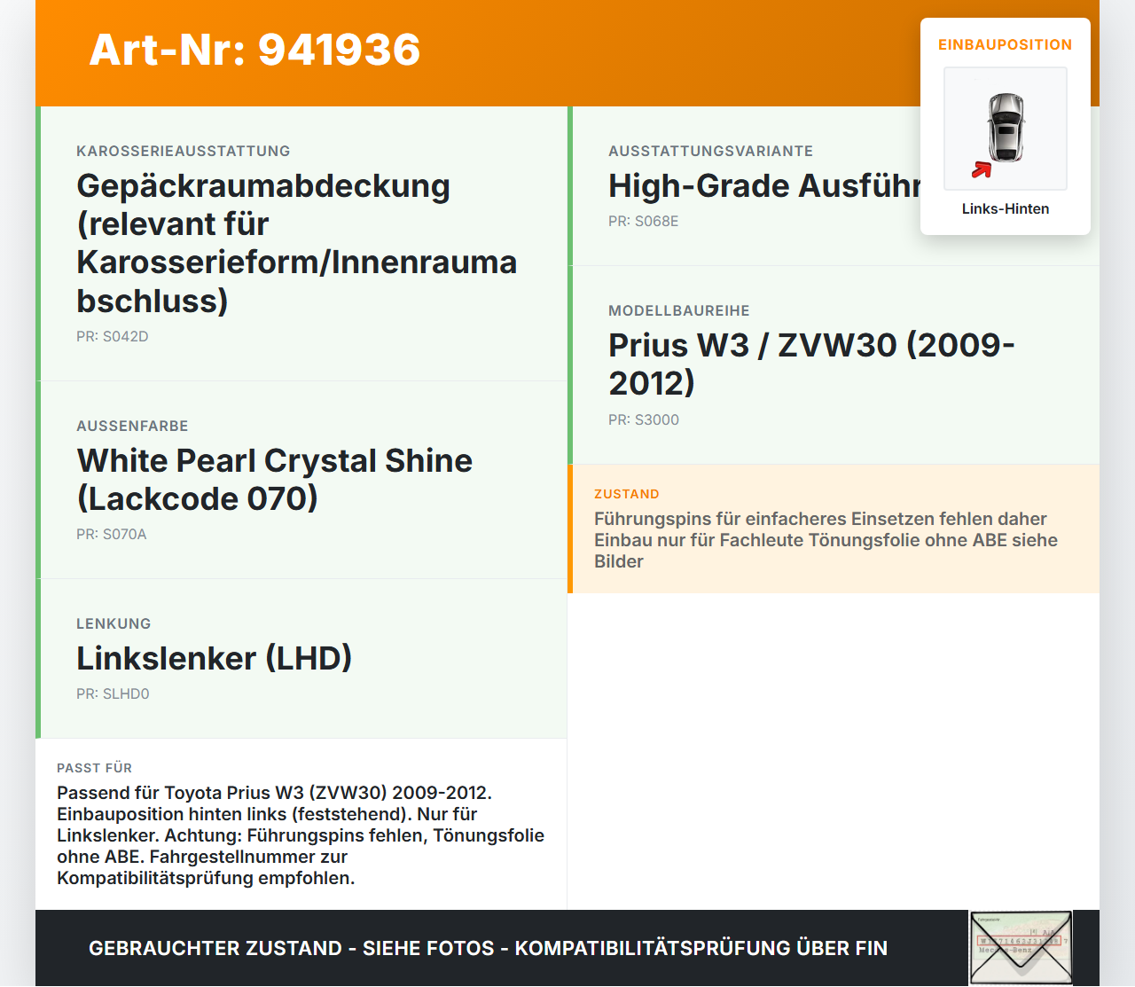 Toyota Prius W3 III 09-12 Seitenscheibe Feste Scheibe Links Hinten Toyota Prius W3 III 09-12 01.10.2011 gebraucht Vorschau 3
